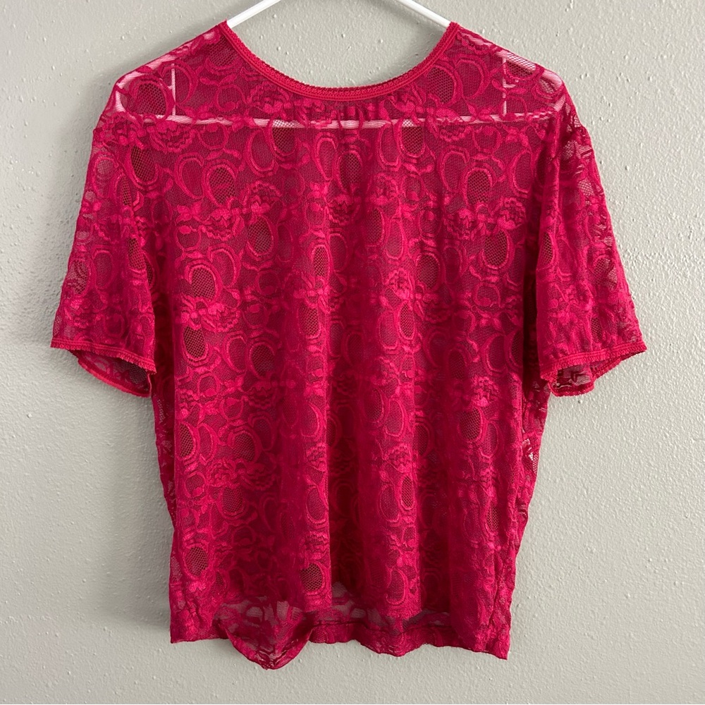 Vintage Victorias Secret Gold Label Sheer Red Lace Short Sleeve Top Size S FLAW